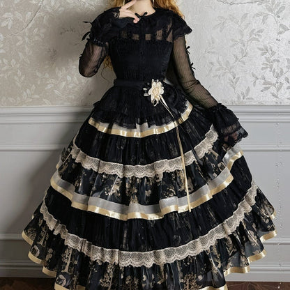 Black and Gold Bunny and Kitty Print Lolita Tiered Ruffle Skirt