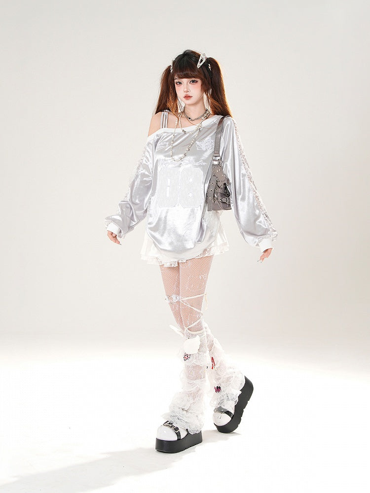 Asymmetrical Neckline Butterfly Embroidery Lace Patches Black/Silver Top