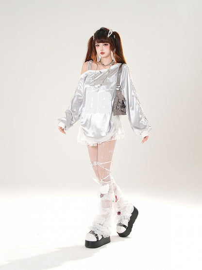 Asymmetrical Neckline Butterfly Embroidery Lace Patches Black/Silver Top