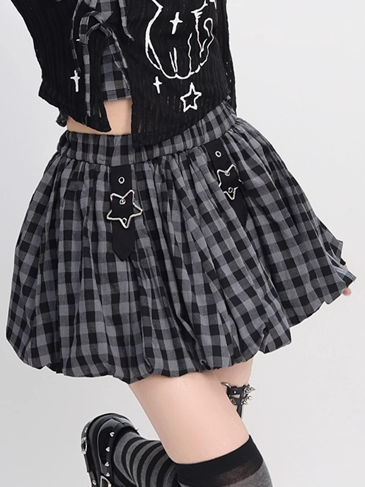 Y2K Star Buckles Black & Red / Black & Gray Plaid Bubble Skirt