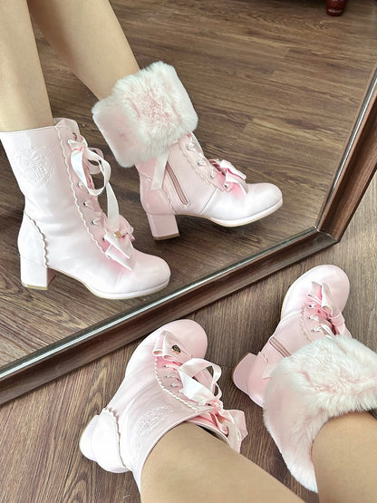 Removable Bow, Plush Top & Lace-up Closure PU Pink Mid-calf Boots in Sweet Lolita