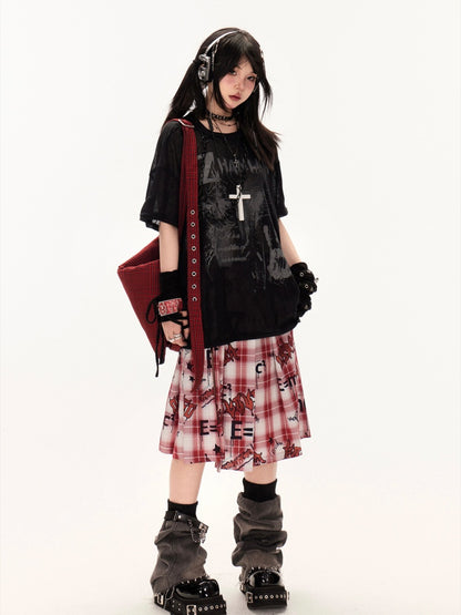 White/Black Round Neck Punk Print Semi-sheer Coverup