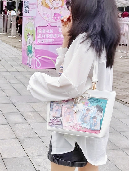 White Bow Accents Lace-up Detail Ita Shoulder Bag with Free Charm