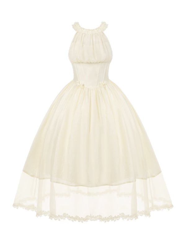 Boned Basque Waist Beige Elegant Lolita Illusion Halter Neck Dress