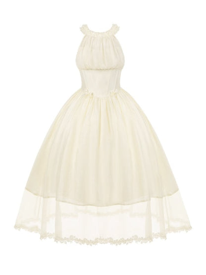 Boned Basque Waist Beige Elegant Lolita Illusion Halter Neck Dress