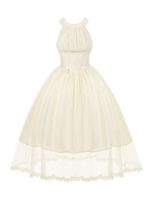 Boned Basque Waist Beige Elegant Lolita Illusion Halter Neck Dress