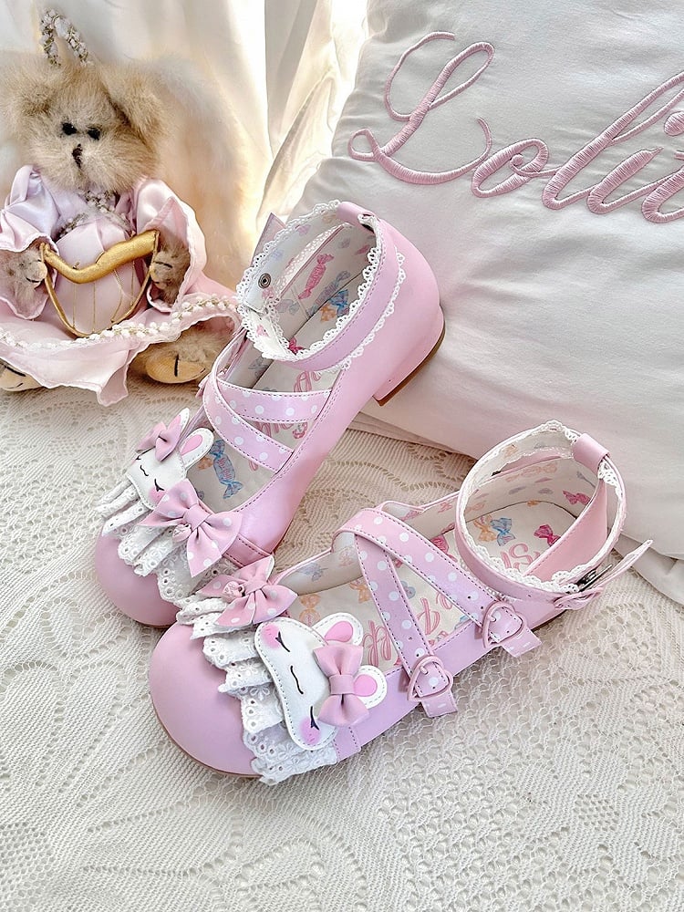 Pink Polka-dot Pattern Crisscross Design Bowknot Details Bunny Applique Lace Trim Sweet Lolita Shoes