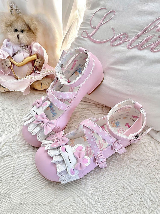 Pink Polka-dot Pattern Crisscross Design Bowknot Details Bunny Applique Lace Trim Sweet Lolita Shoes