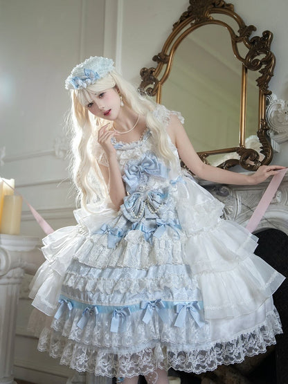 White and Blue Hanayome Bows Decoration Tiered Skirt Hime Dress Lolita JSK Full Set
