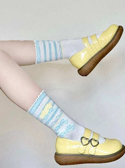 Blue Lemon Bowknot Print Ruffle Trims Sweet Lolita Calf Socks