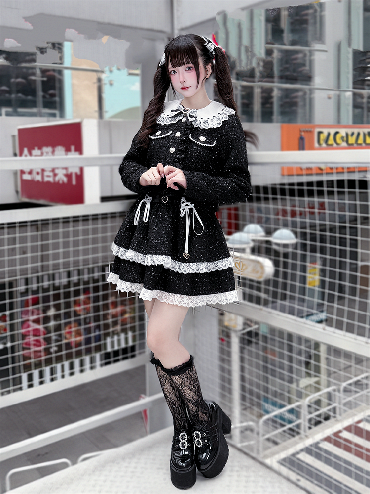 Jirai Kei Black Tweed Tiered Skirt with White Lace Trim & Lace-Up Detail