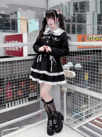 Jirai Kei Black Tweed Tiered Skirt with White Lace Trim & Lace-Up Detail