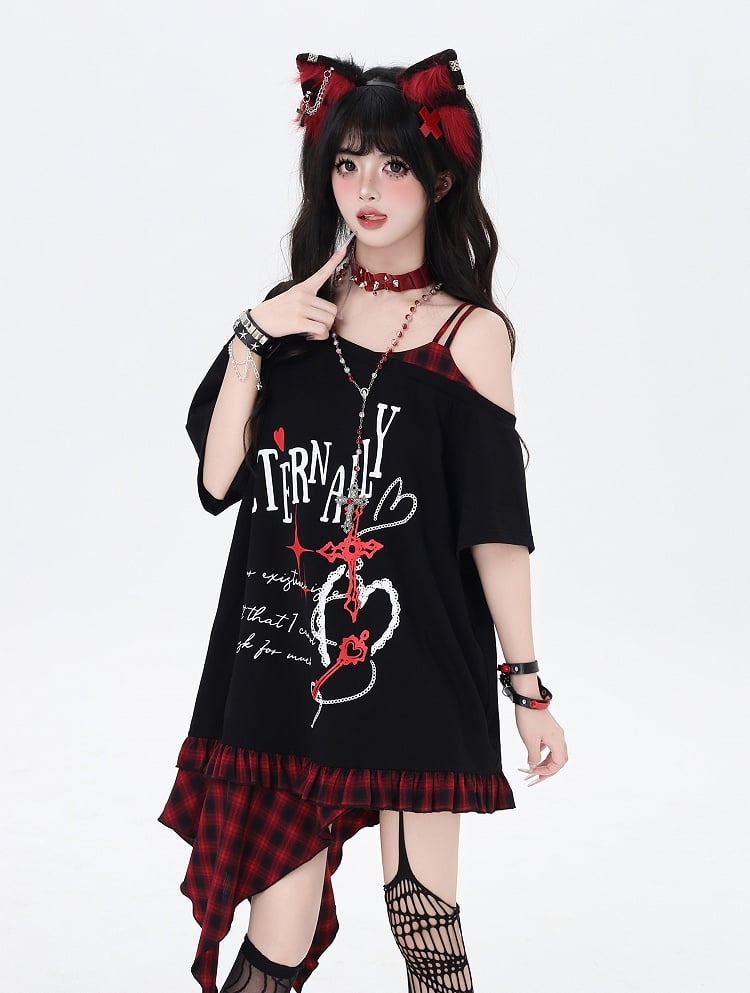 Asymmetrical Red/Purple Plaid Hem Black Punk Rock Graphic T-Shirt