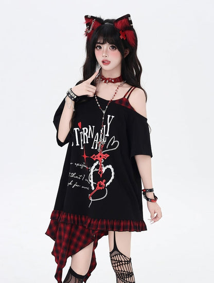 Asymmetrical Red/Purple Plaid Hem Black Punk Rock Graphic T-Shirt