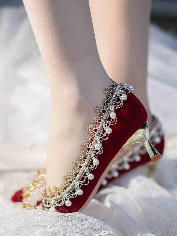 Red Beaded Floral and Charm 5CM/7CM/9CM Cheongsam Style Hime Lolita High Heels