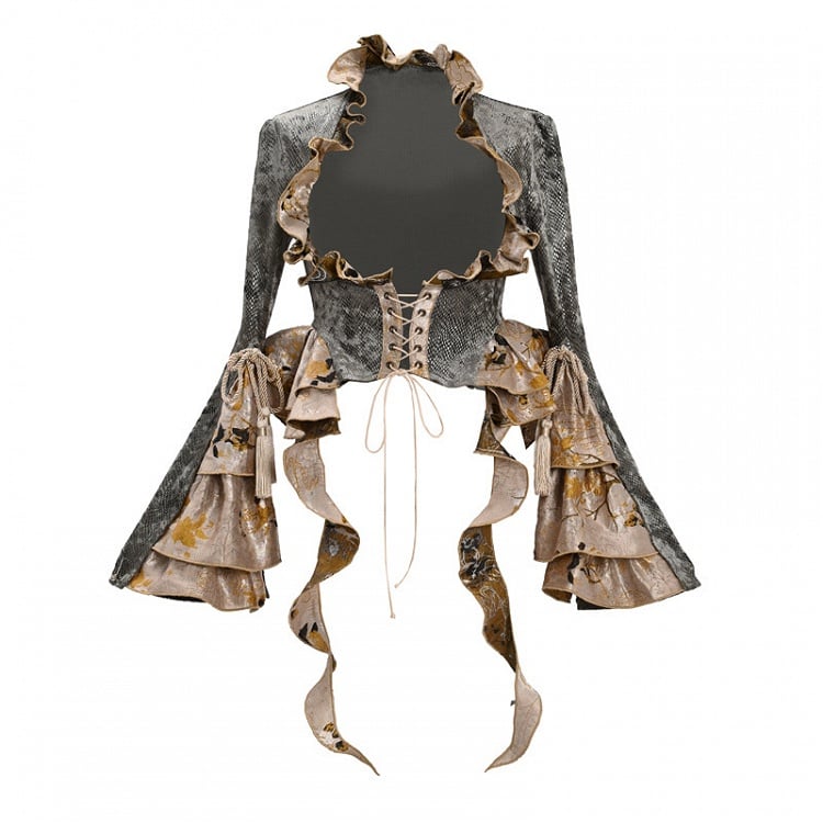 Dusty Green Under Bust Snakeskin Grain Jacket Cascading Ruffle Trim