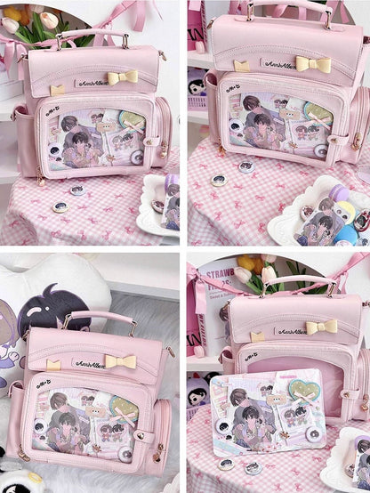 Pink 2-Way Ita Bag With Transparent Window And Bow Decoration