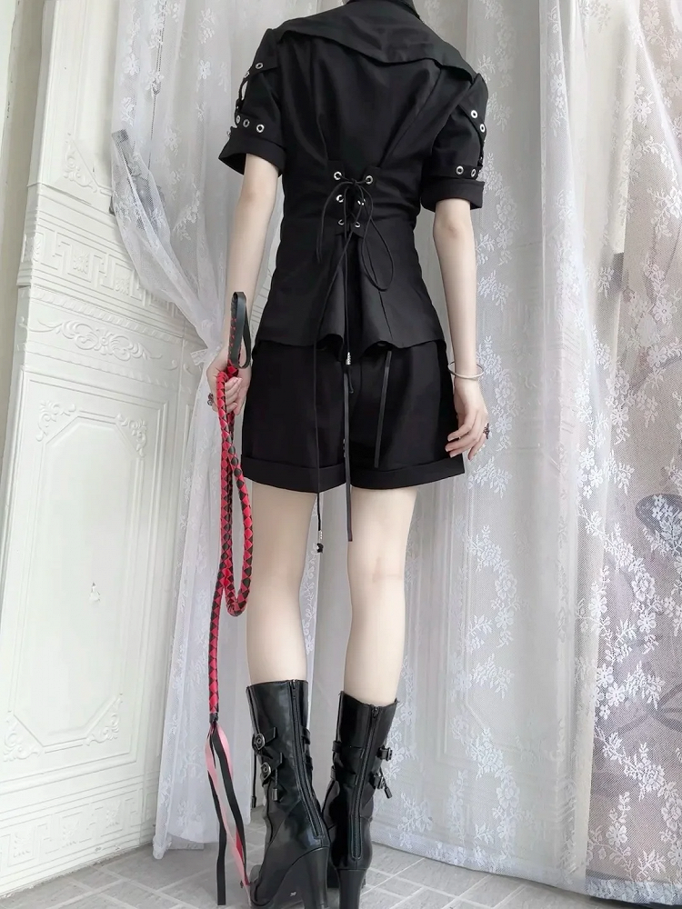 Black Ouji Lolita Fashion Lace-up Neckline Short Sleeves Shirt