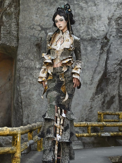 Dusty Green Tie Dye Pastel Goth Mermaid Skirt Flower Birdcage Hemline