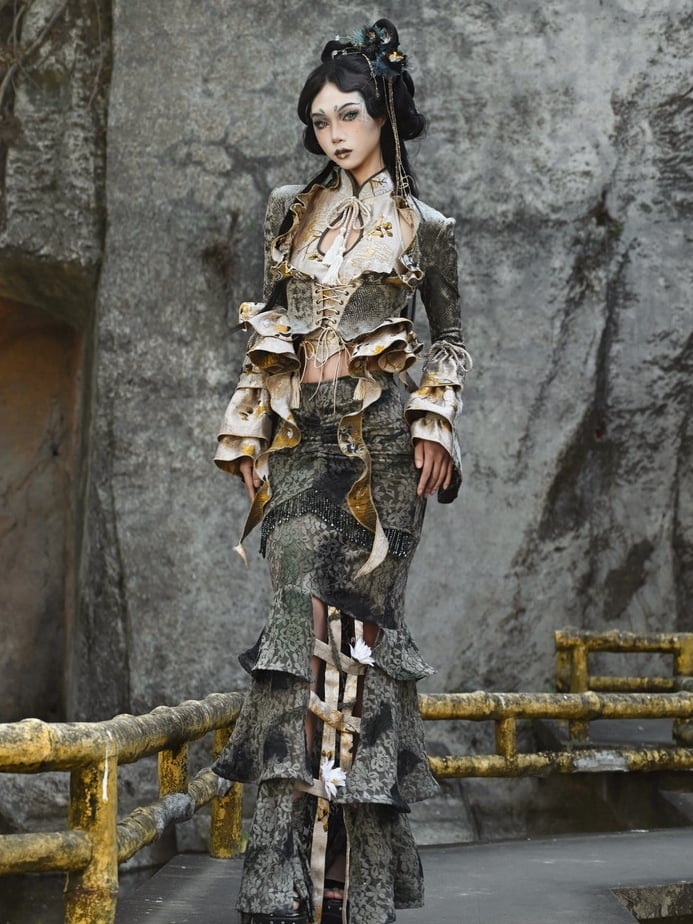 Dusty Green Tie Dye Pastel Goth Mermaid Skirt Flower Birdcage Hemline