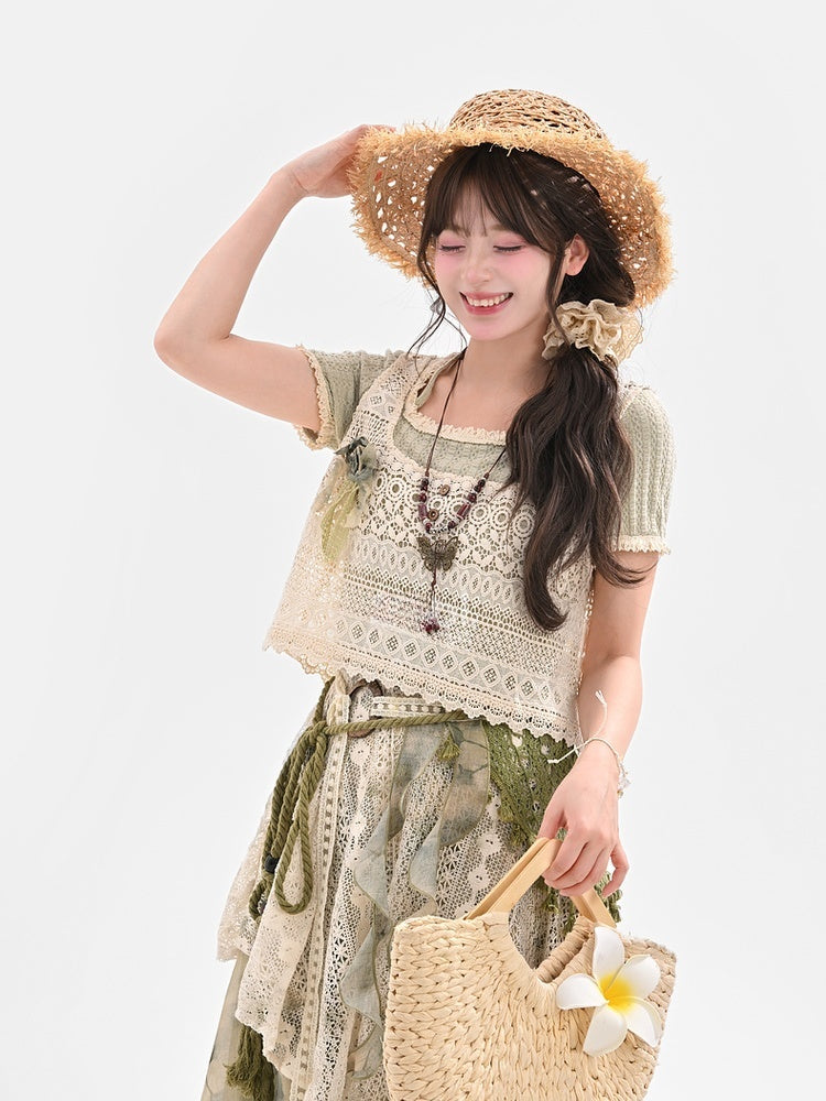 Mori Kei Light Green Round Neck Halter Neck Lace Trim T-Shirt