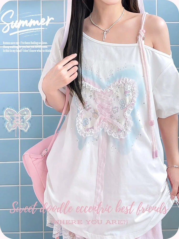 Sequins Decorated Butterfly Lace-up Detail White Asymmetrical Neckline T-shirt