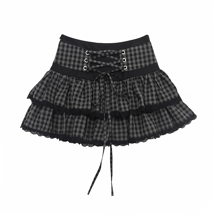Black and Gray Plaid Lace-up Waist Tiered Skirt