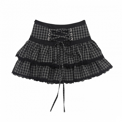 Black and Gray Plaid Lace-up Waist Tiered Skirt