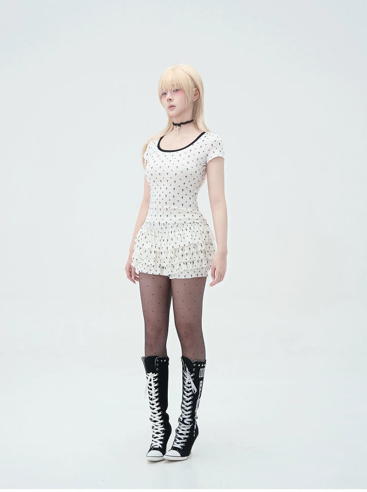 Pastel Gothic White Allover Cat Paw and Cross Print Tiered Ruffles Skort