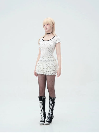 Pastel Gothic White Allover Cat Paw and Cross Print Tiered Ruffles Skort