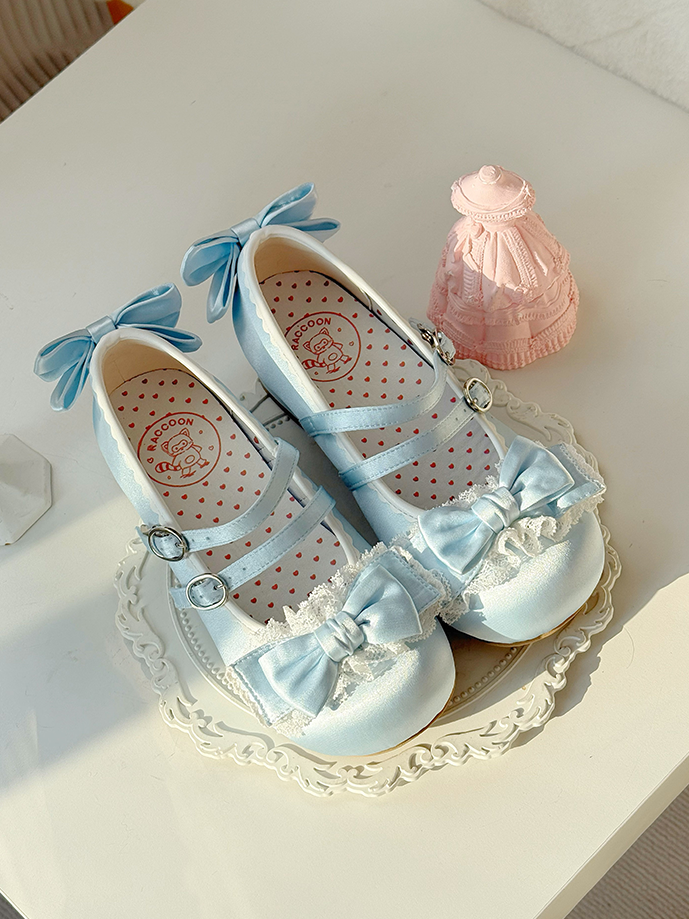 Blue Sweet Lolita Mid-heel Shoes - Round Toe with Ruffle Lace, Bow Decor & Paired Buckles