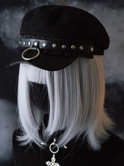 Black Gothic Studs Details Ruffled Trim Beret Hat