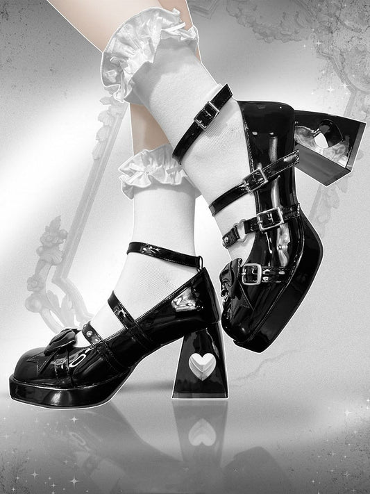 Gothic Wings Bow Black Heart Hollowed Block Heels Punk Shoes