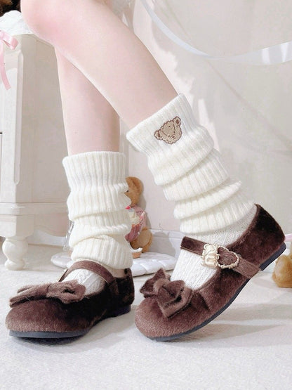 Brown Sweet Lolita Plush Shoes in Regular/Thicken Version - Delicate Bow Accents with Hugging Bear Heart Fasteners
