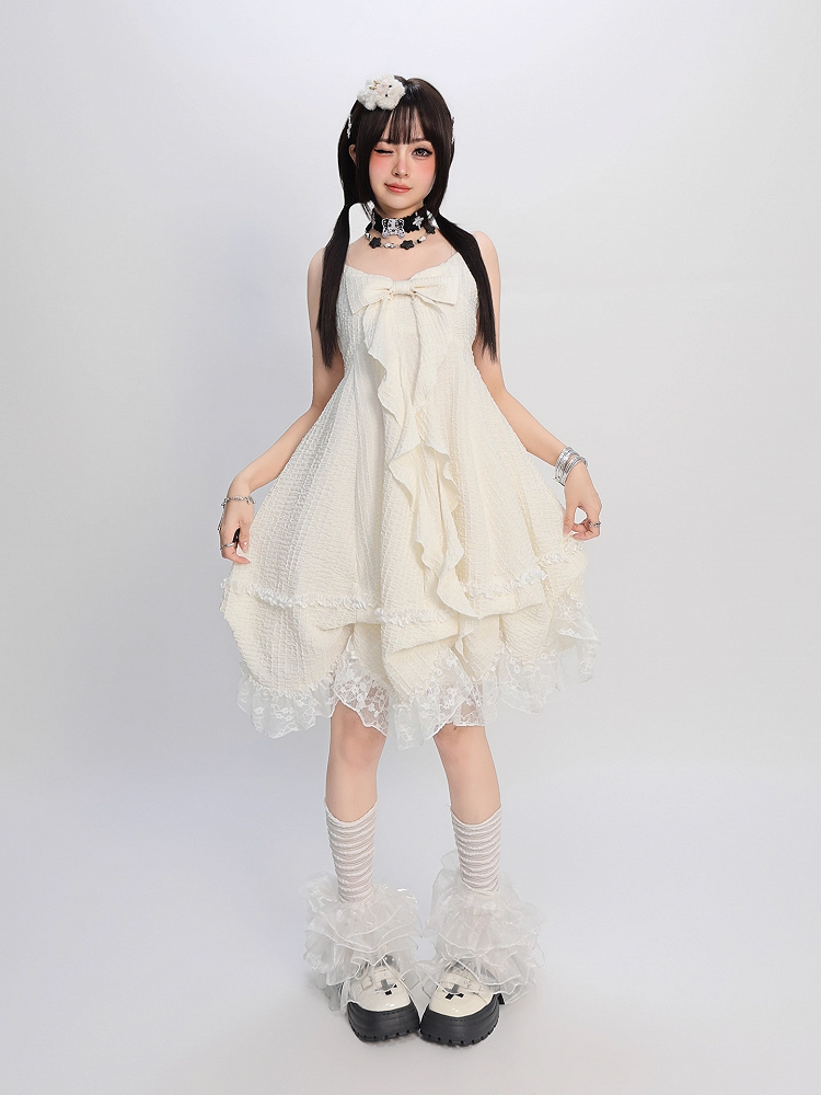 Apricot Big Bow Neckline Lace Trim Cami Dress Bubble Skirt