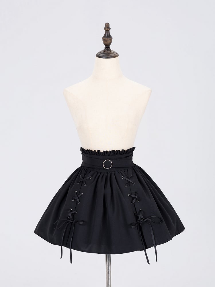 Lace-up Details Jirai Kei Black Ruffled High Waist Skirt