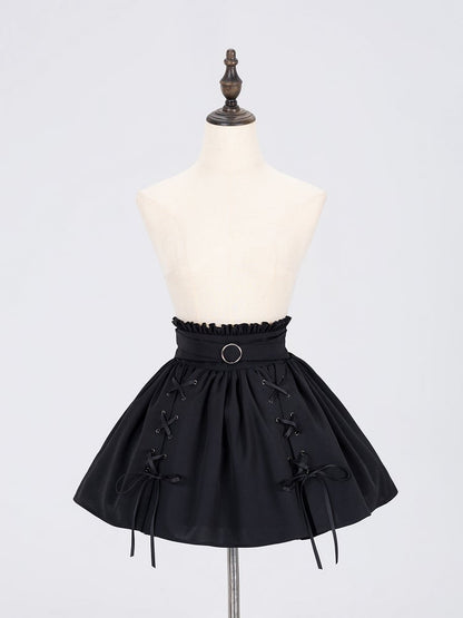 Lace-up Details Jirai Kei Black Ruffled High Waist Skirt