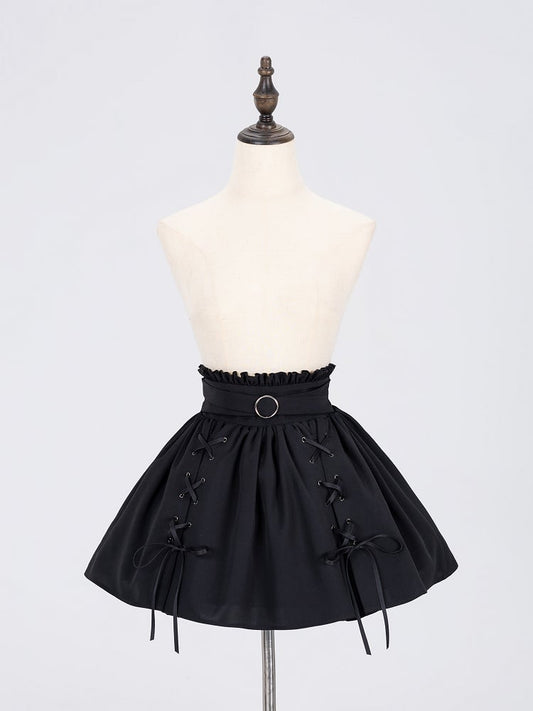 Lace-up Details Jirai Kei Black Ruffled High Waist Skirt