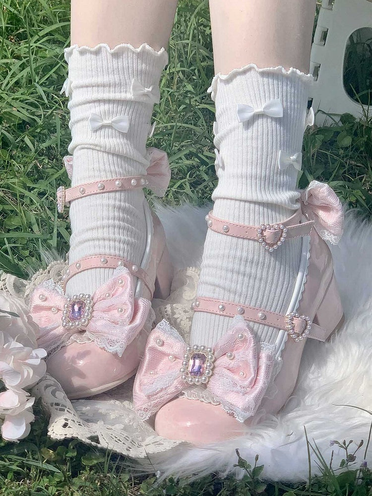 Polished Dusty Pink Detachable Rhinestone And Beaded Decorated Bowknot Lace Trim 4.5CM Block Heels Shoes