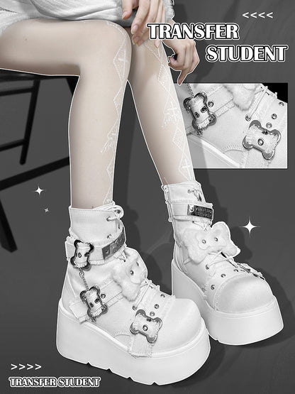 Buckle Straps Plush Bone Decorated Denim White Punk Platform Boots