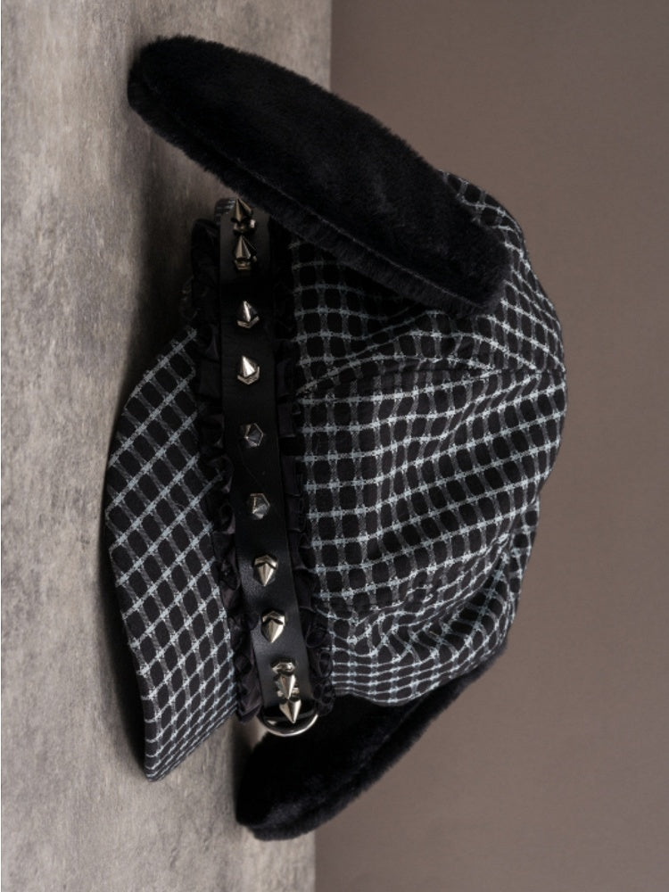 Black Gothic Studs Decorated Buckle Design Plush Puppy Ear Beret Hat