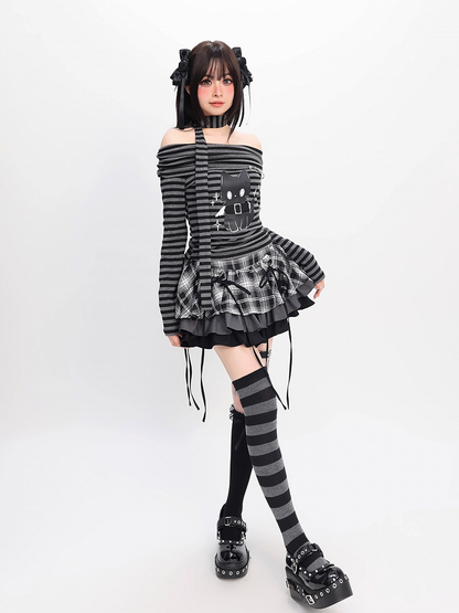 Bittersweet Kitten Print Off-the-shoulder Neckline Black and Gray Striped Top with Scarf