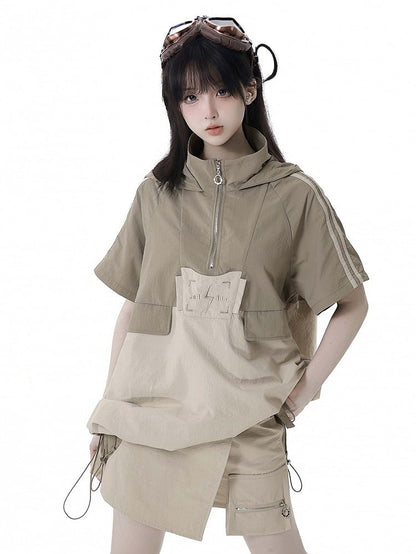 Khaki Snap and Drawstring Detail Techwear Skort