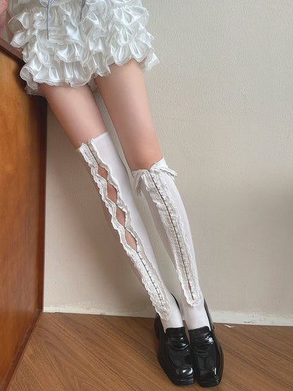 White/Black Ruffle Trim Overknee Stockings