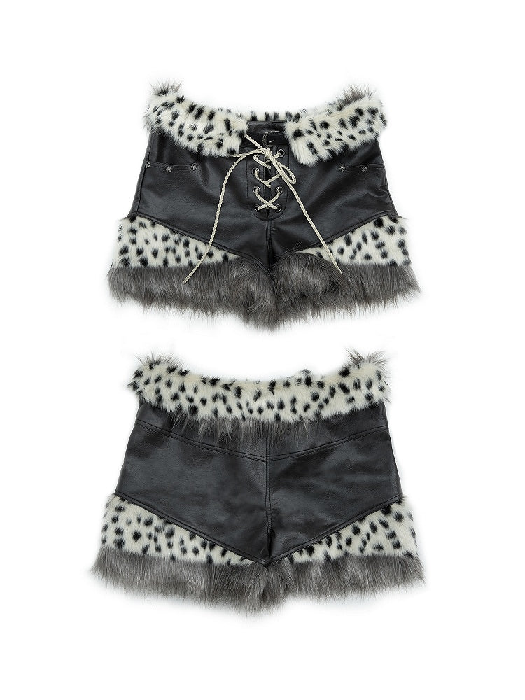 Lace-up Detail Leopard Pattern Design Black Punk PU Shorts
