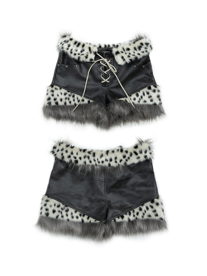 Lace-up Detail Leopard Pattern Design Black Punk PU Shorts