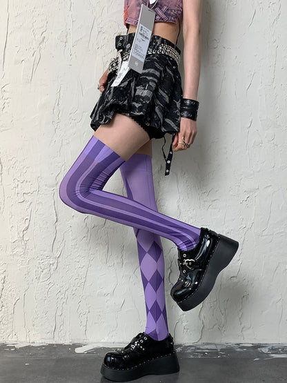 Purple Y2K Striped And Diamond Pattern Asymmetrical Design Overknee Stockings