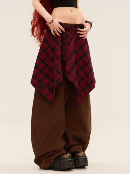 Dark Gray/Brown Low Rise Vintage Wide-leg Pants with Plaid Waist Accessory