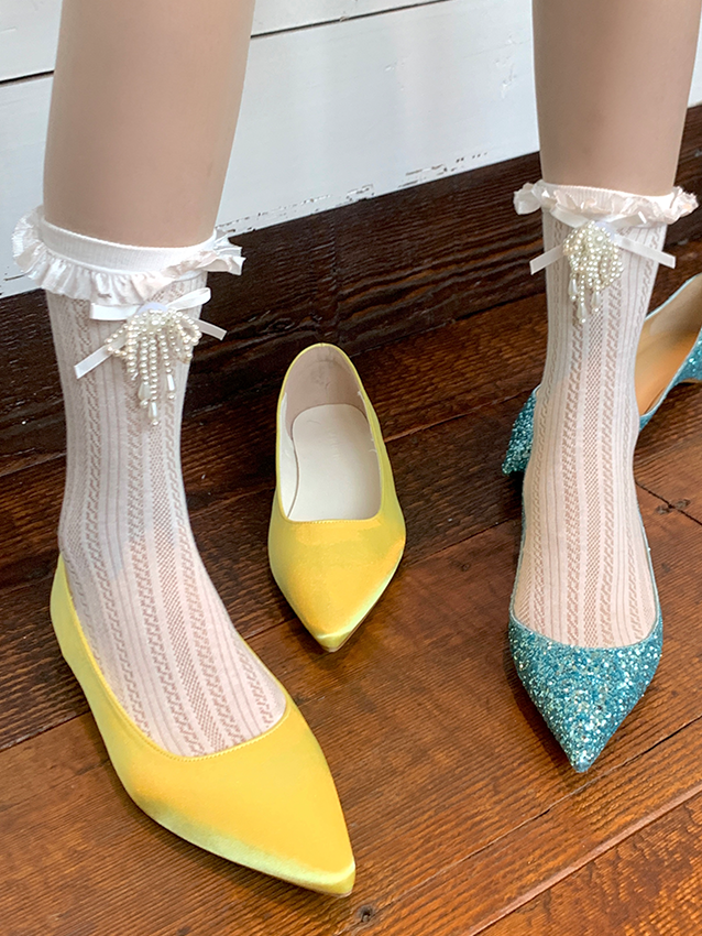 White Beaded Bowknot Decorated Lace Trim Socks