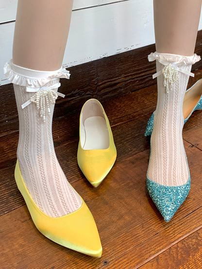 White Beaded Bowknot Decorated Lace Trim Socks